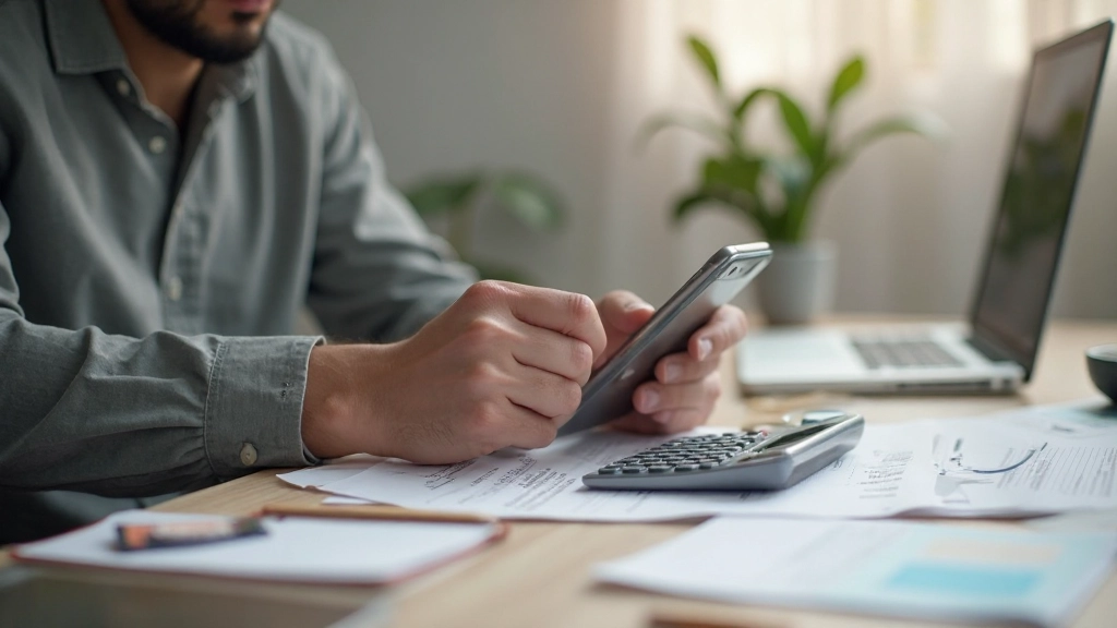 Человек записывает расходы в приложение на смартфоне, рядом лежат квитанции и калькулятор
